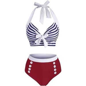DRESSFO Women Bikini Set American Flag Halter Two Piece High Waisted Swimsuit S